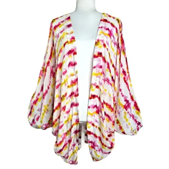 Anthropologie Pink Yellow Tie Dye Kimono Boho Festival Vacation Top OS - Picture 3 of 12